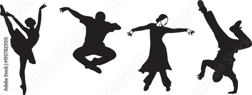 Set of diverse black dancer silhouettes. Ballet, hip hop, and breakdance figures. Vector illustration. isolated PNG with Transparent Background