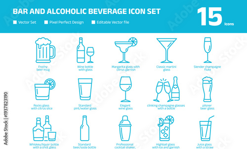 Bar and alcoholic beverage icon set with beer mug wine bottle martini glass cocktail shaker champagne flute and whiskey bottle silhouettes for restaurant and nightlife design