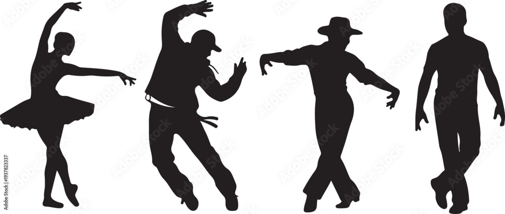 Obraz premium Set of Black Dancer Silhouettes in Various Styles, Ballet, Hip Hop, and Western, Vector isolated PNG with Transparent Background