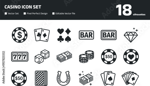 Casino icon set with gambling chips playing cards and slot machine symbols