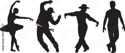 Set of Black Dancer Silhouettes in Various Styles, Ballet, Hip Hop, and Western, Vector isolated PNG with Transparent Background