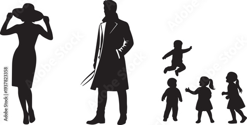 Isolated Black Vector Silhouettes of Family: Elegant Woman, Man, and Playful Children isolated PNG with Transparent Background