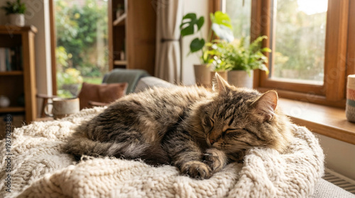 A fluffy brown tabby cat sleeps peacefully on a cozy white knitted blanket. Warm sunlight filters through a nearby window with green potted plants in the background.
