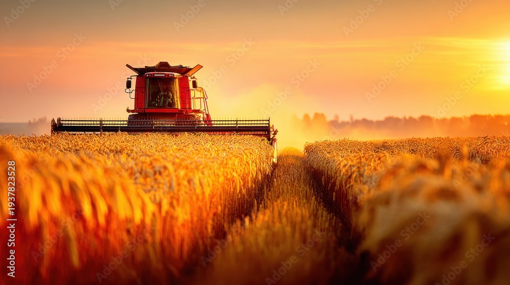 Fototapeta premium Red combine harvester working in a golden wheat field at sunset with warm light