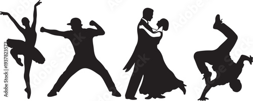 Black Vector Silhouettes of Ballet, Hip Hop, Ballroom, and Breakdance Dancers isolated PNG with Transparent Background