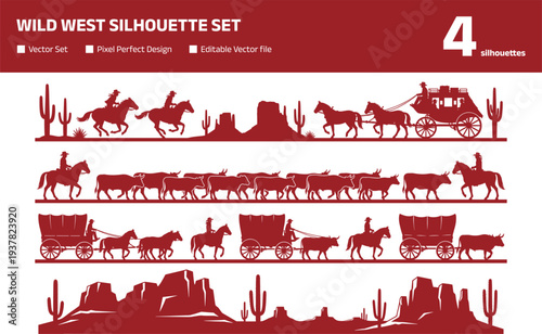 Wild West silhouette set with cowboy horse carriage and cattle drive