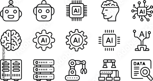 Robot heads and arms icon set for tech interfaces