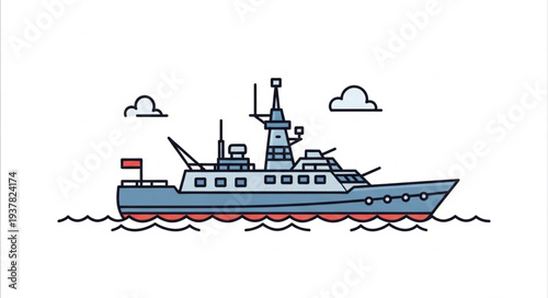 Blue Patrol Boat Illustration on Water.
