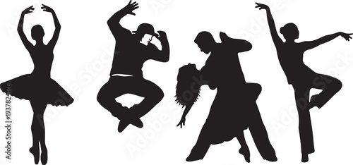 Set of diverse black dancer silhouettes. Vector graphic collection isolated PNG with Transparent Background