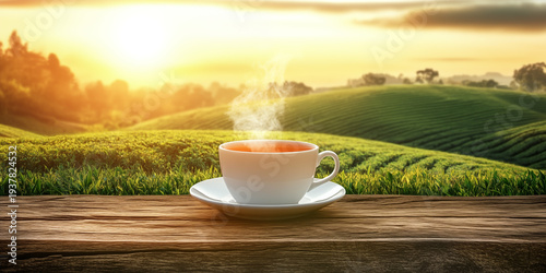 A white ceramic cup of hot tea on a rustic wooden table, gentle steam rising from the cup, overlooking a vast green tea plantation with rolling hills, soft morning mist, golden sunrise light