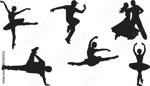 Set of various dance styles silhouettes including ballet, hip hop, and ballroom dancers isolated PNG with Transparent Background