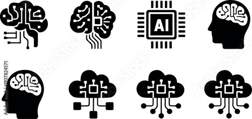 Circuit brain icon set for technology interfaces