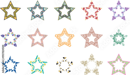 Set of fifteen colorful geometric star frames with intricate mandala patterns and ethnic ornamental designs for festive decoration