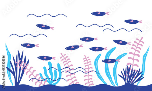 Underwater world with school of fish and seaweed. Sea bottom. Vector cartoon illustration on isolated background. Marine life banner with blue fishes, pink and blue aquatic plants, ocean ecosystem