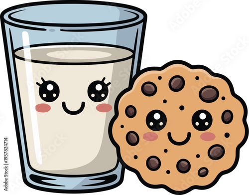 Glass of milk and chocolate chip cookie with cute faces vector illustration