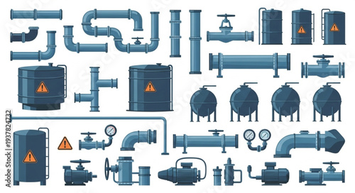 Industrial plumbing system components and storage tanks illustration.