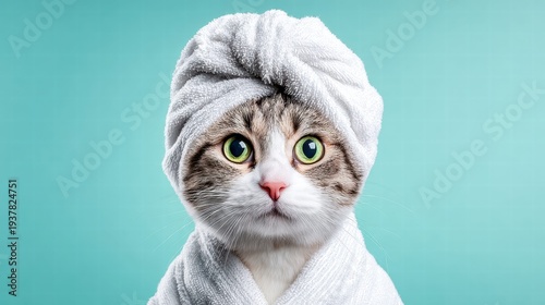 A pampered cat wearing a spa towel and robe, enjoying a day of relaxation.