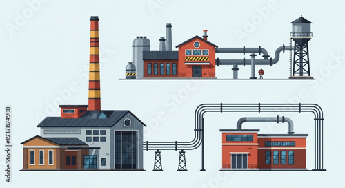 Industrial factory complex with pipes and water tower illustration.