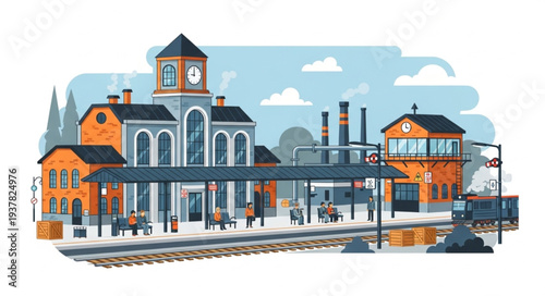 Vintage Train Station Building with Clock Tower and Platforms.