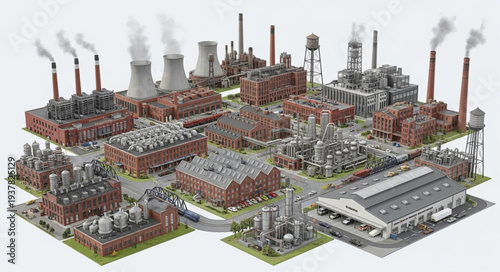 Large industrial complex with multiple factories and smoking chimneys.