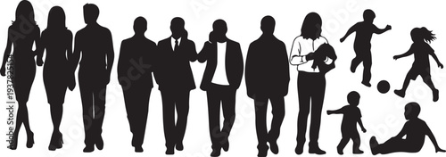 Diverse Group of People Silhouettes Vector Collection with Adults, Businessmen, and Playing Children isolated PNG with Transparent Background