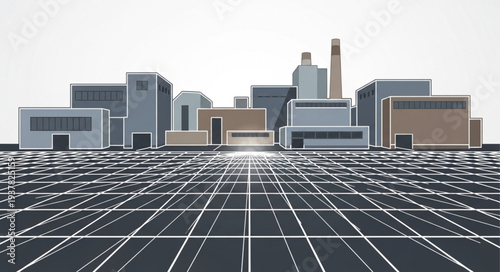 Industrial city skyline with a futuristic grid foreground.