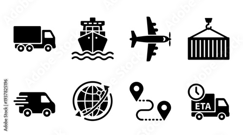 Set of logistic and transportation icons including truck, ship, airplane, van, globe, route, and container for delivery services