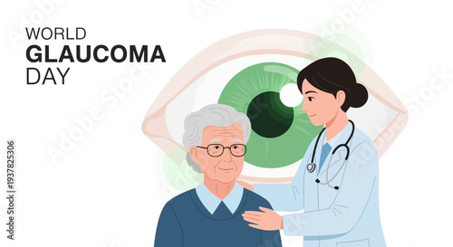 A female doctor examines an elderly man's eye with a green iris on World Glaucoma Day, promoting eye health awareness with a stethoscope around her neck.