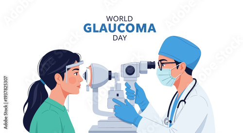 Illustration of a doctor examining a patient's eyes with an ophthalmoscope on World Glaucoma Day to raise awareness about eye health and vision care.