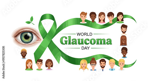 Illustration of a green ribbon with people and an eye for World Glaucoma Day awareness campaign with a green and colorful design.