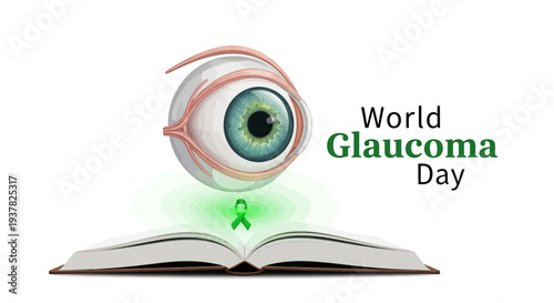 Vector illustration of an eye emerging from an open book with a green ribbon on World Glaucoma Day, promoting eye health awareness and glaucoma prevention with a green and white color
