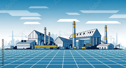 Modern industrial factory complex with tall chimneys under a blue sky.