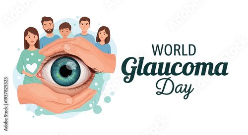 Illustration of a large eye held by hands with people in the background and World Glaucoma Day text in a colorful design conveying eye health awareness.
