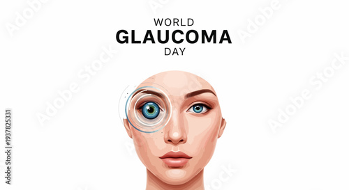 Illustration of a woman's face with a magnified eye for World Glaucoma Day, promoting eye health awareness with a white background.