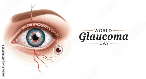 Illustration of a human eye with glaucoma awareness text for World Glaucoma Day, featuring a detailed close-up with a blue iris and red veins on a white background.