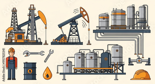Oil industry equipment and worker illustration flat design.