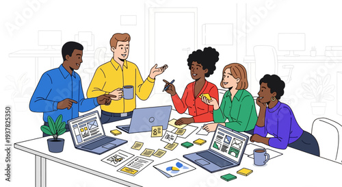 Diverse Team Collaborating on Innovative Project Ideas, Engaged in Productive Brainstorming Session in Modern Office Environment