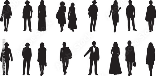 Set of various black vector people silhouettes. Men and women standing and walking isolated. isolated PNG with Transparent Background