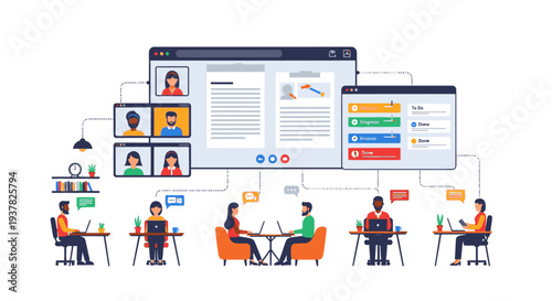 Illustration of a remote team collaborating online with video calls and digital communication tools on computers in a modern workspace.