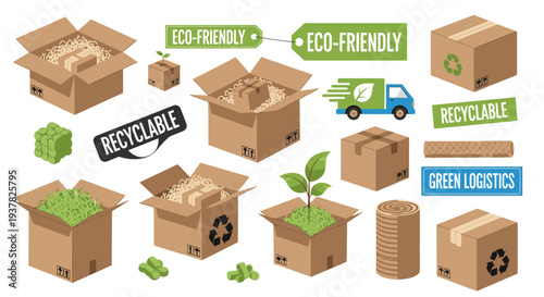 Flat lay illustration of eco-friendly cardboard boxes and recycling symbols with green truck on white background.