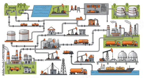 Industrial oil and gas extraction and transportation diagram.