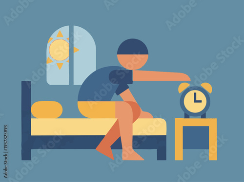 flat vector illustration of a person waking up and turning off alarm clock