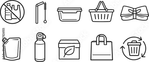 Set of icons representing sustainable and eco-friendly lifestyle choices and products