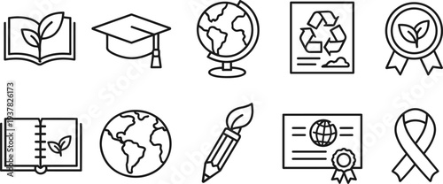 Set of icons representing education, environment, and achievement in a clean line art style