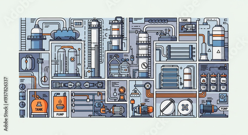 Industrial factory complex schematic diagram illustration.