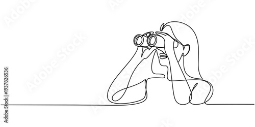 Single continuous line drawing girl looking in distance with binoculars. Enjoy beauty of nature as far as the eye can see. Find something interesting. One line draw graphic design vector illustration