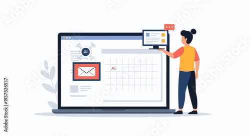 Illustration of a woman interacting with a large laptop displaying an email interface and calendar on a white background with a plant.