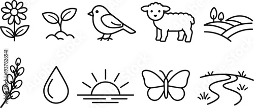 Collection of simple line art icons representing nature and farm elements