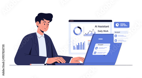A man in a business suit works on a laptop with a graph and AI assistant interface displayed on the screen in a minimalistic setting.