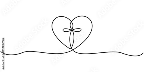 Christian church symbol in continuous line drawing style. Line art of a heart with Christian cross. Vector illustration. Abstract background